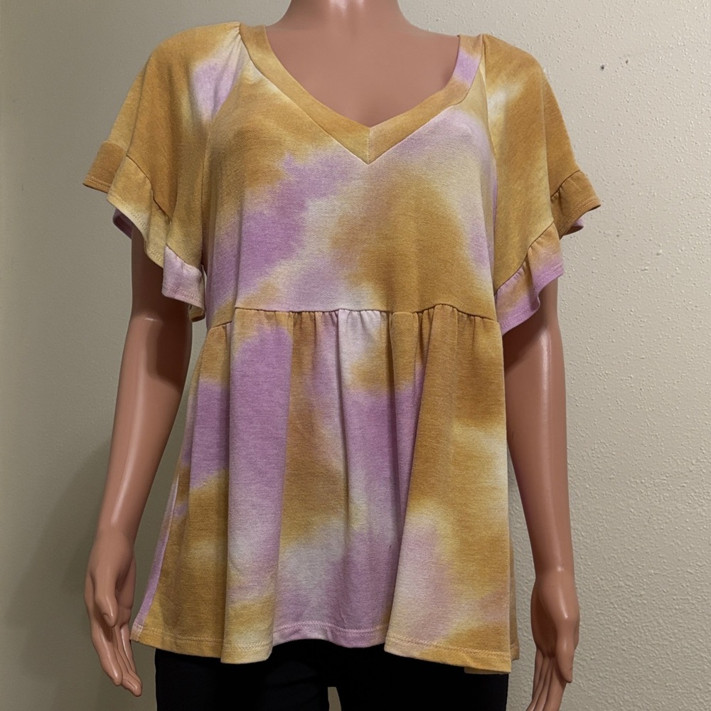 Ces Femme Yellow and Purple Tie-Dye V-Neck Blouse